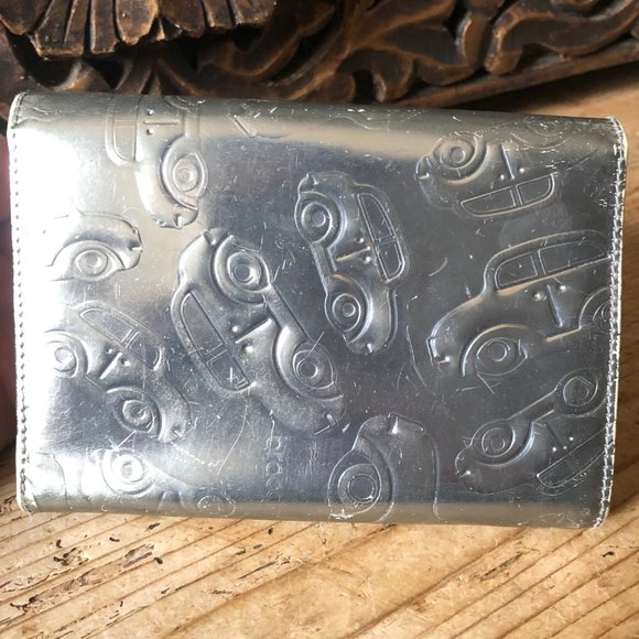 Braccialini Metallic Silver Embossed Cars Leather Trifold Checkbook Wallet - Picture 8 of 16
